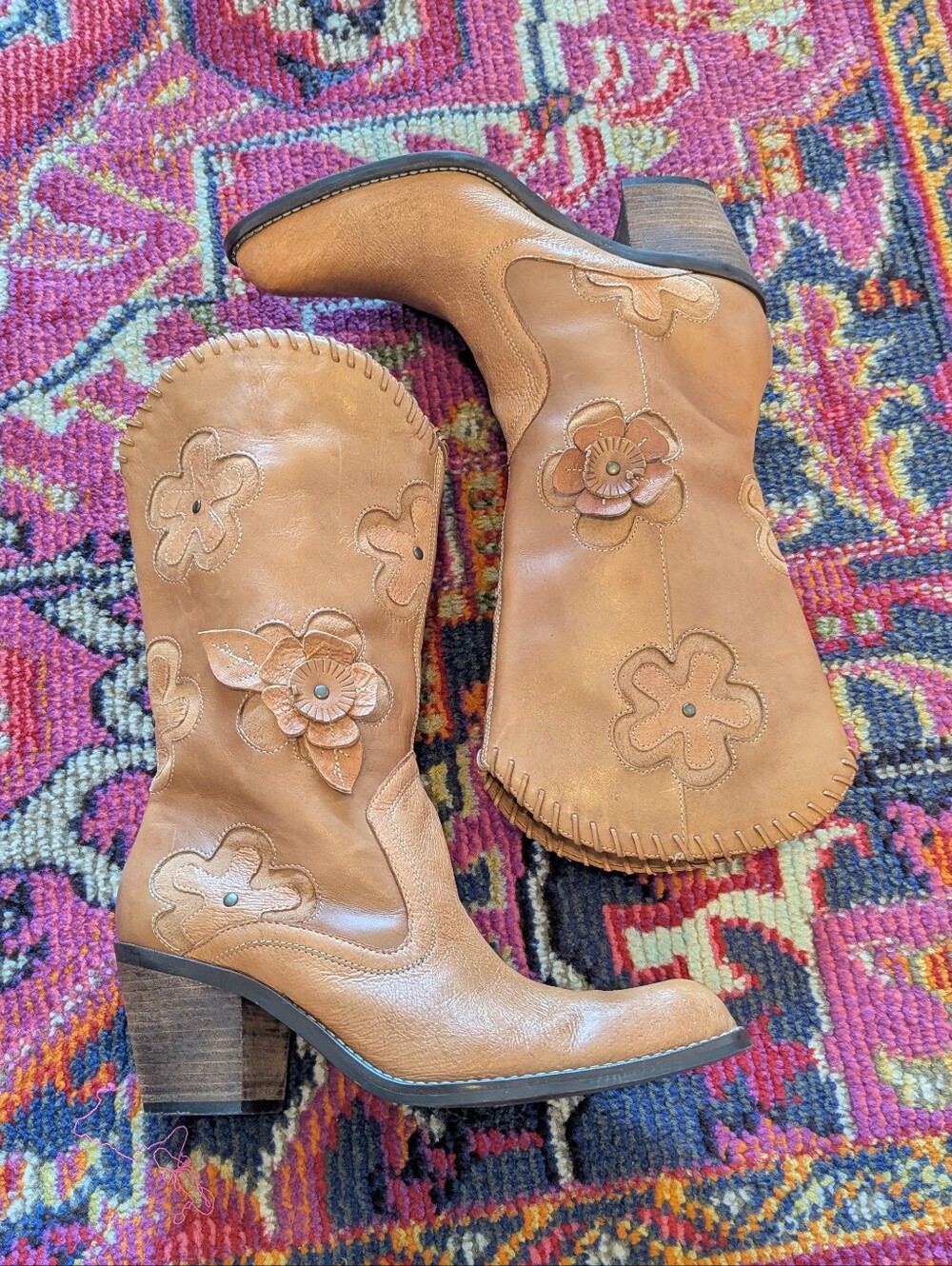 Women's Candida Brown Floral Leather Cowboy Boots Sz 7.5